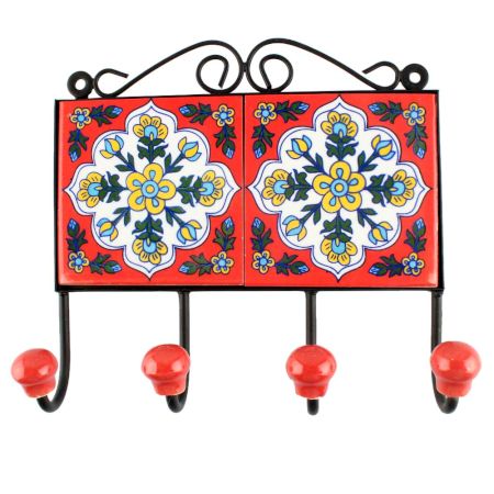 Red With White Floral Ceramic Tile Hook